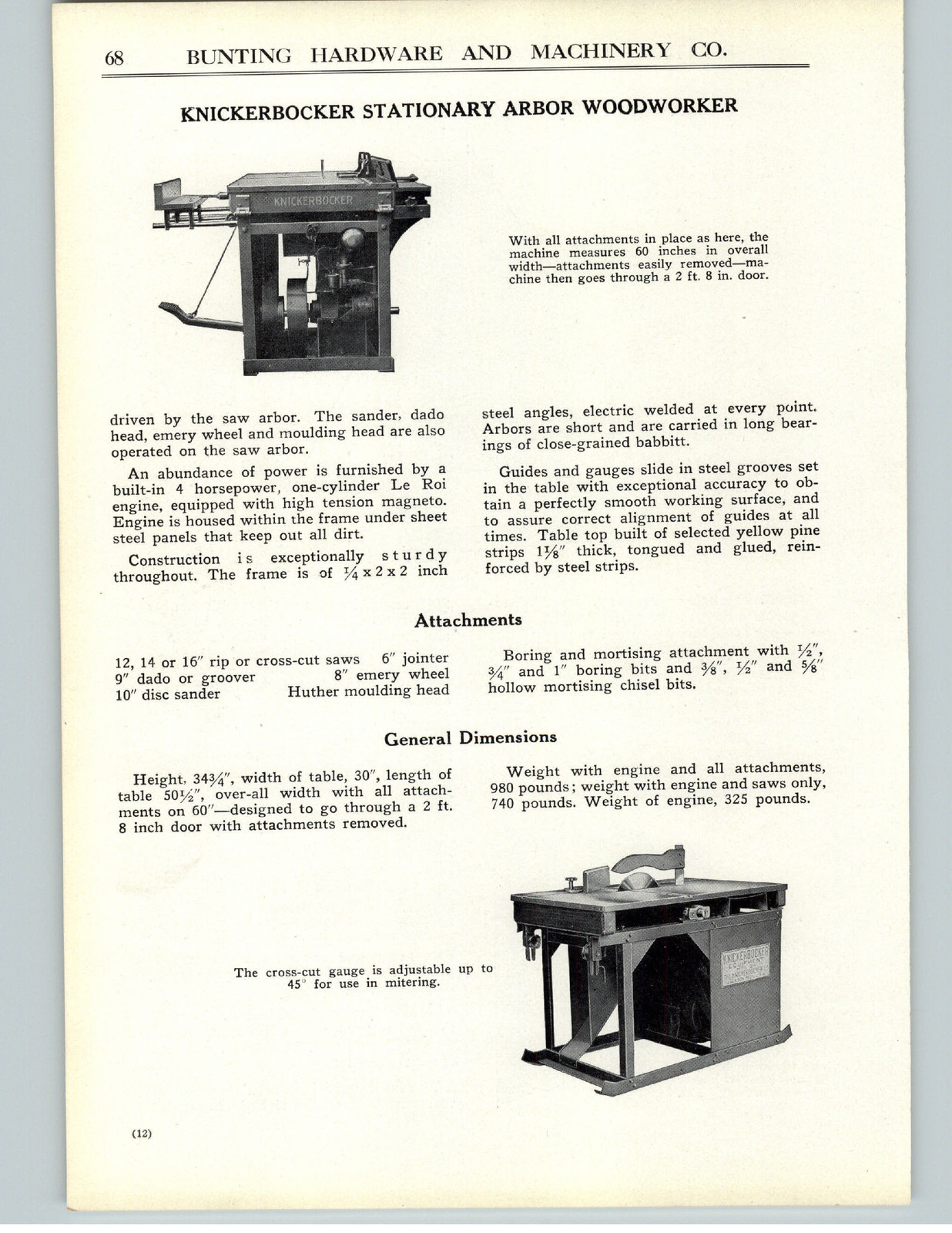 1928 PAPER AD Knickerbocker Stationary Arbor Woodworker Table Saw Machine