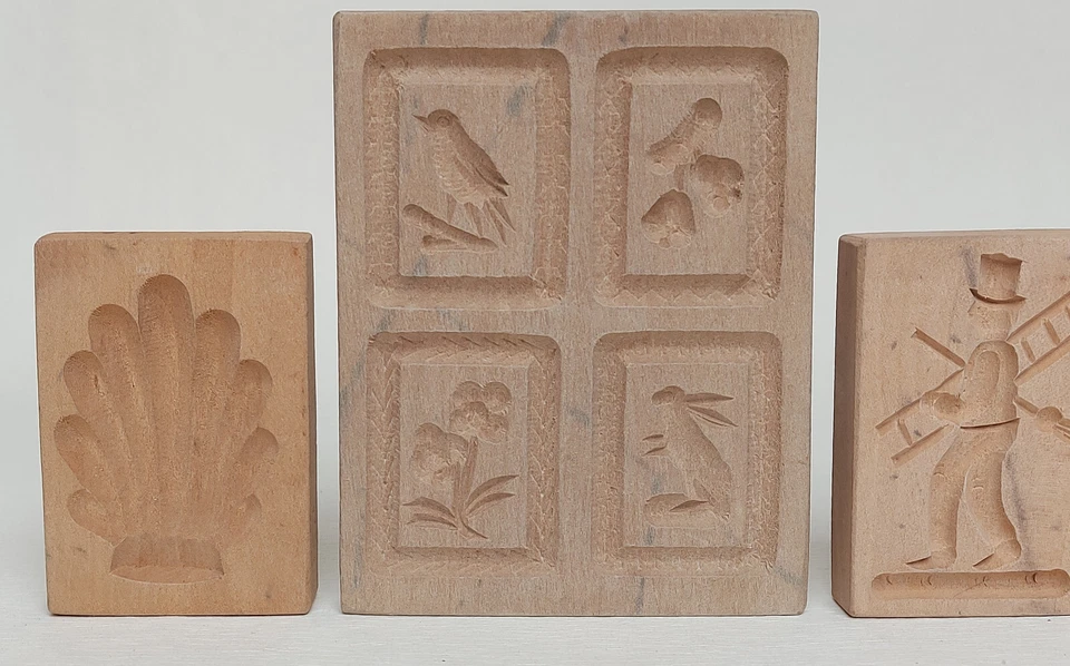 Konvolut Springerle Holz Model Schornsteinfeger Kater Blumenkorb Bärentatze - Bild 2 von 4