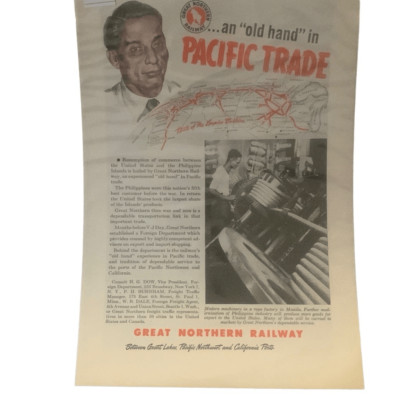 Vintage 1946 Great Northern Railway Old Hand in Pacific Trade Ad Advertisement