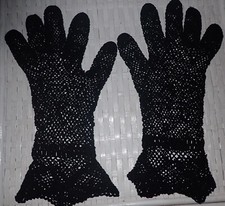Antique 30  s Black Cotton Tatted Crochet Gloves Scalloped Cuff XS/S