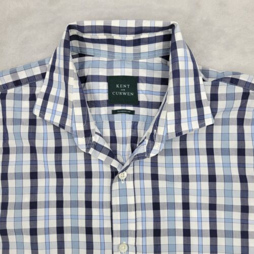 Kent Curwen Shirt Mens Small Blue Plaid Cotton Classic Fit Dress Oxford Adult 38 - Picture 3 of 8