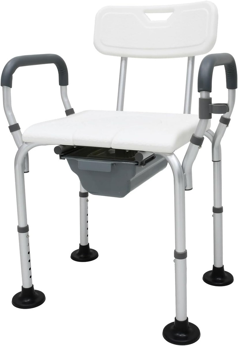 3-in-1 Adjustable Height Sturdy Bedside Commode, Shower Chair with