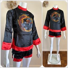 1940s Satin Pajama Hand Painted Dragon Top Side Zip Shorts Halloween Costume VTG