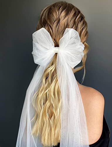 Bridal Hair Bow Veil Pearl Wedding Hair Piece White Tulle Bow with Clip
