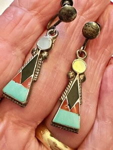 Vintage Zuni Inlay Dangle Sterling Silver Screw Back Earrings 1.5”L