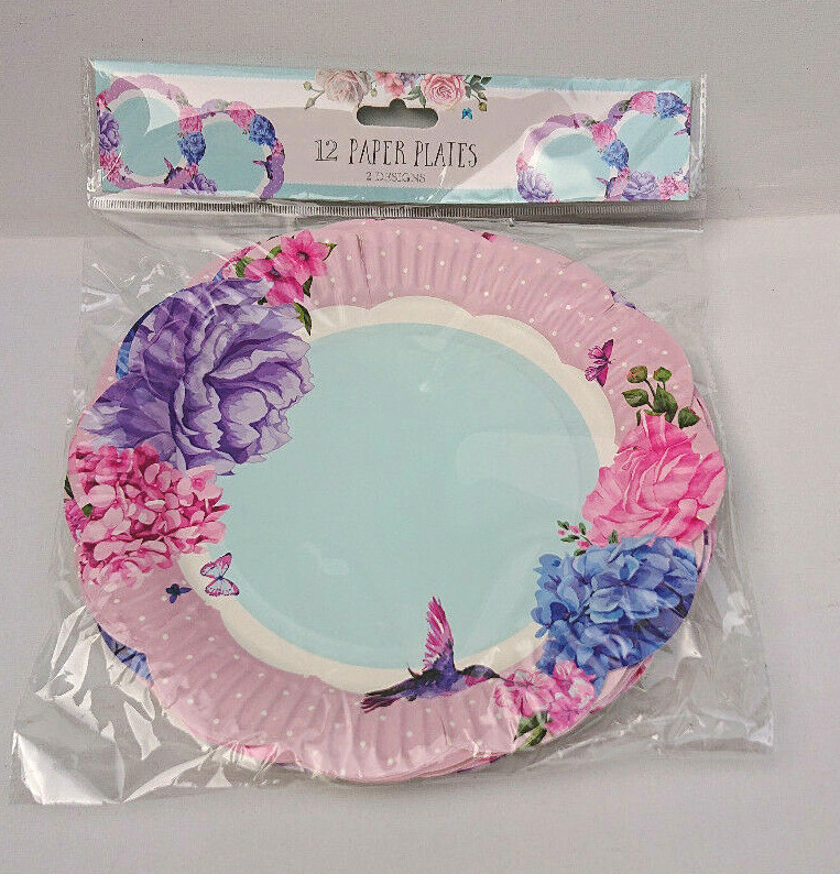 12 Paper Plates BLOOMING BEAUTIFUL Scallop Edge HUMMINGBIRD Hydrangea PINK LILAC
