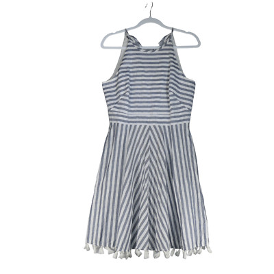 Eliza J Gray Dress Womens Size 10 Cotton Lined Striped Fringe Tie Back