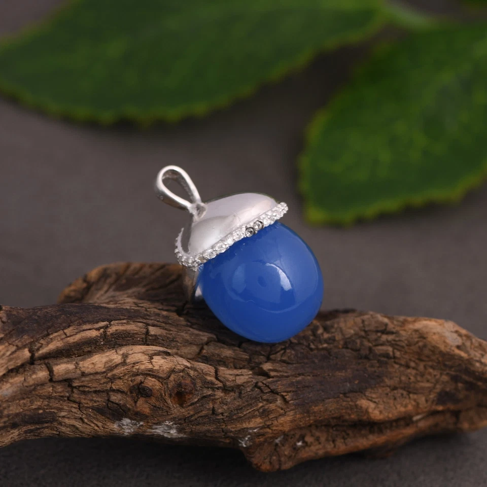 Dije de bellota de plata de ley con piedras preciosas de calcedonia azul accesorios de joyería Foto 3 de 4