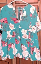 Beautiful Ladies Teal Floral Entro Baby Doll Blouse Top LRG Beachy BOHO Summer