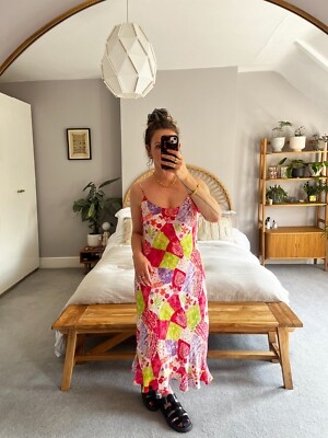 90s Vintage Monsoon Patchwork Silk Dress Size 14 UK