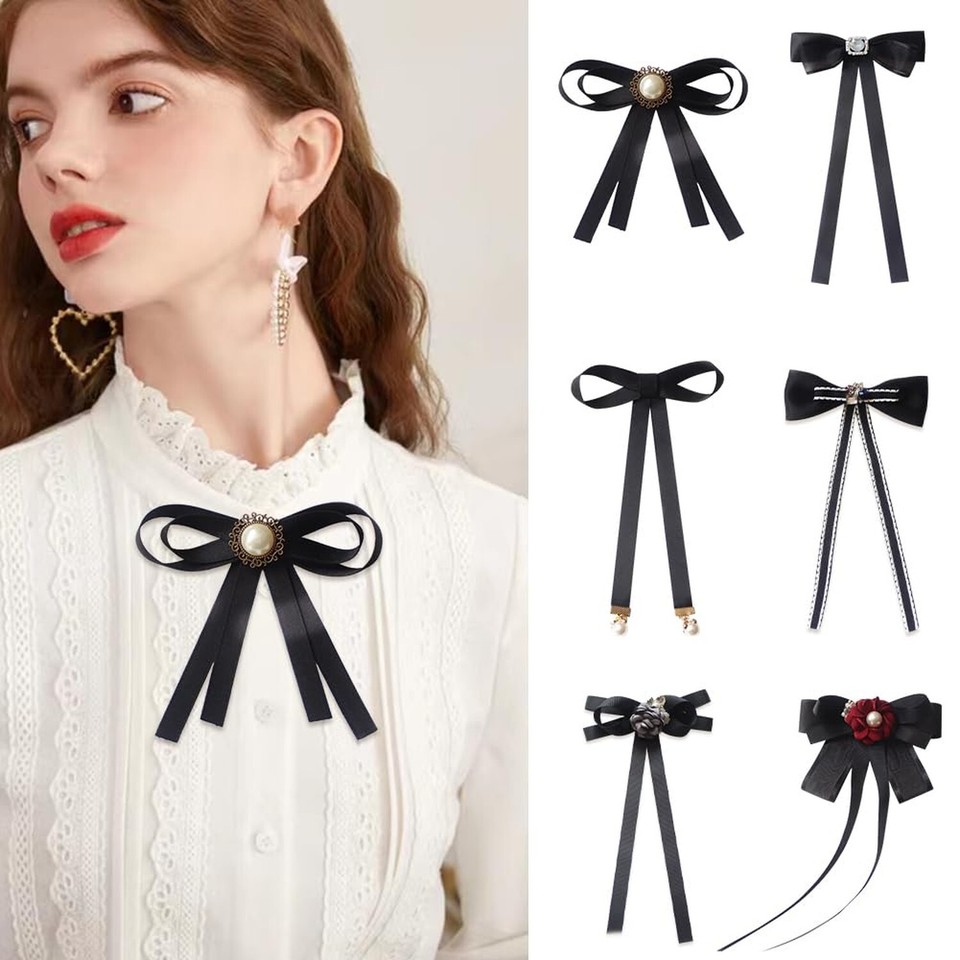 Black Bow Brooches Pin for Woman Girls Pre-Tied Collar Neck Clips Bow ...