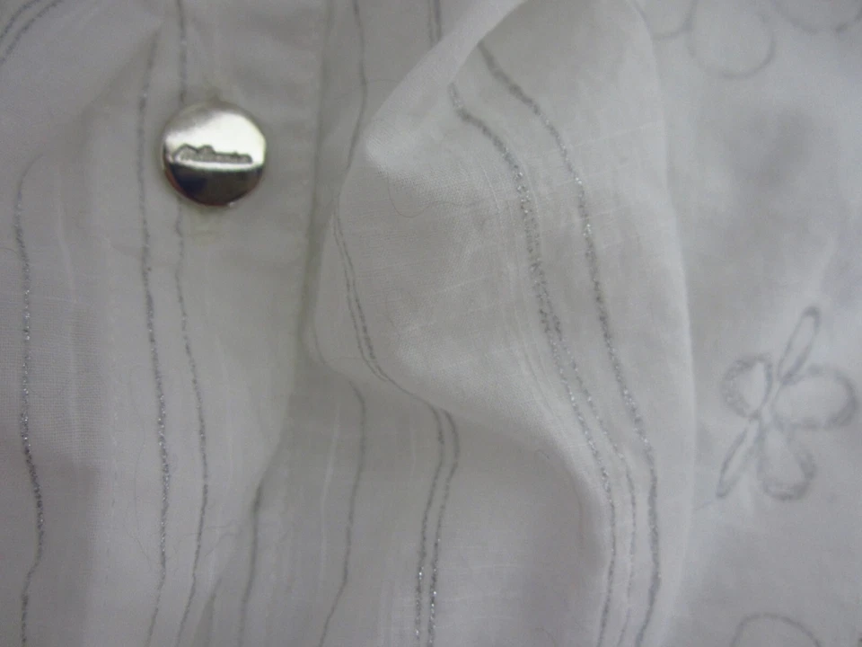 Millenium 女式 M 白色银色花卉荷叶边棉质衬衫水钻 — 第 4/4 张图片
