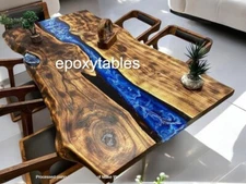 42"x72" Modern Blue Epoxy Resin Ocean Wave Dining Table Top Live Edge Furniture