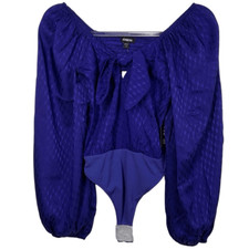 Express XS Blue Satin Jacquard Tie Front Long Sleeve Bodysuit X-Small New NWT