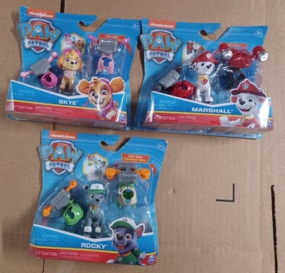 3 Paw Patrol Action Pack Figures with 2 clip on Backpacks Skye/Rocky/Marshall