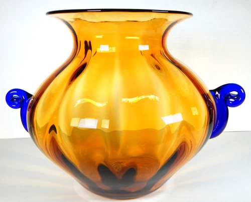 VTG BLENKO HAND BLOWN STUDIO ART GLASS VASE 9726 AMBER/TOPAZ COBALT BLUE MCM EUC