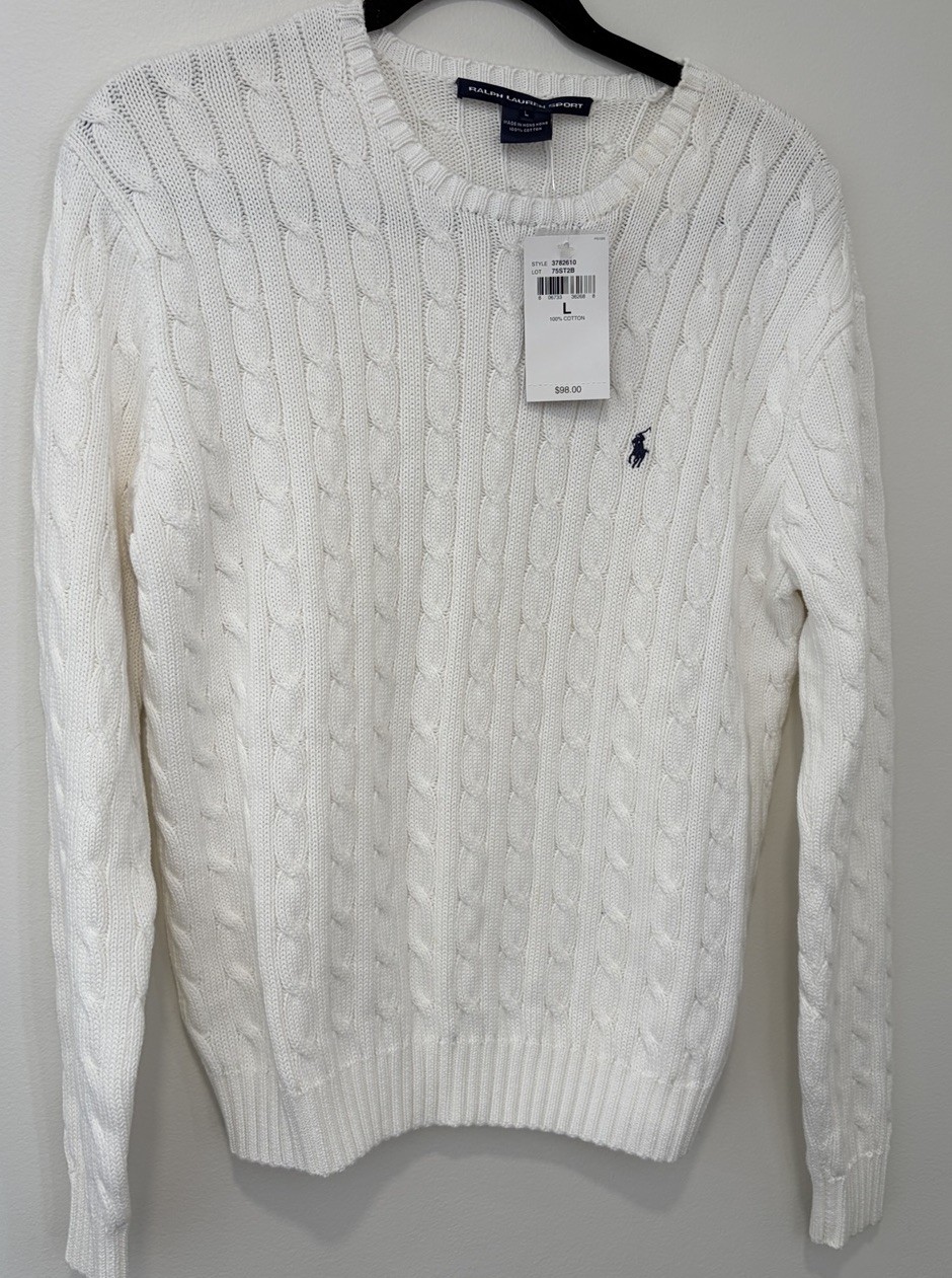 NEW Polo Ralph Lauren Sport Woman’s Cotton Cable Knit Sweater Large White Logo