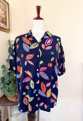 Vintage 80s Esprit Sport Navy Blue Abstract Button Down Short Sleeve Blouse sz L