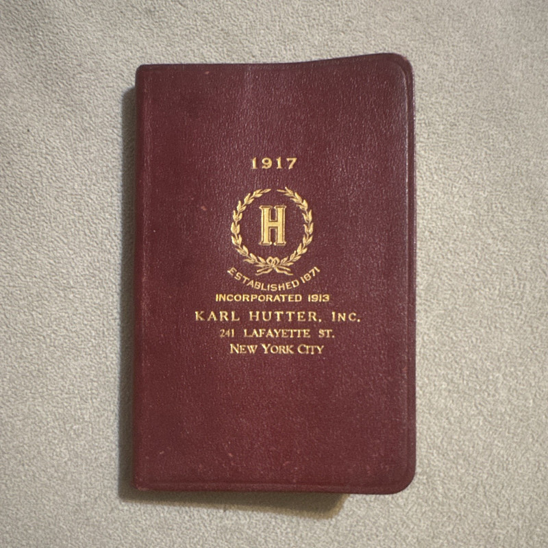 Karl Hutter, Inc. 1917 Pocket Calendar Address Book Notebook NYC Burgundy Gold