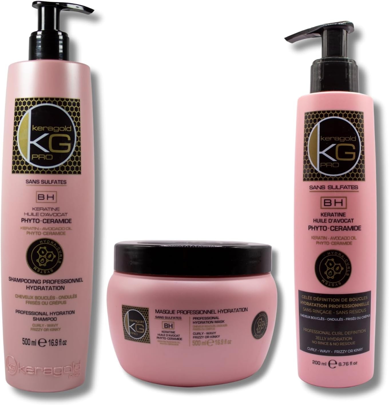 Trio BH Boucles Keragold KG Pro Routine Kératine et Huile d'Avocat Cheveux Bouclés 3x500ml