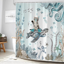 Funny Cat Shower Curtain Sea Turtle Ocean Animal Underwater Coral Octopus Sea...
