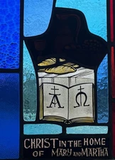 ANTIQUE CHURCH WINDOW "Jesus, Mary and Martha" FIRED PAINTED GLASS 1940s NYC