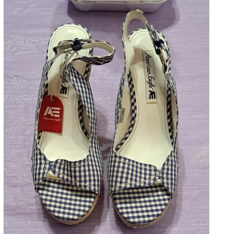 American Eagle Women's Platform Sandal Roped Wedge Blue & White Checker Size 8