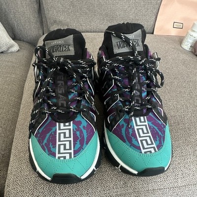 Versace Trigreca Low Top Sneakers Teal Purple Black Geometric Lace Up Rubber