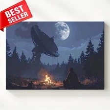 Canvas Serene Signal Campfire Abandoned Satellite Dish Night Scene Some Wall Art