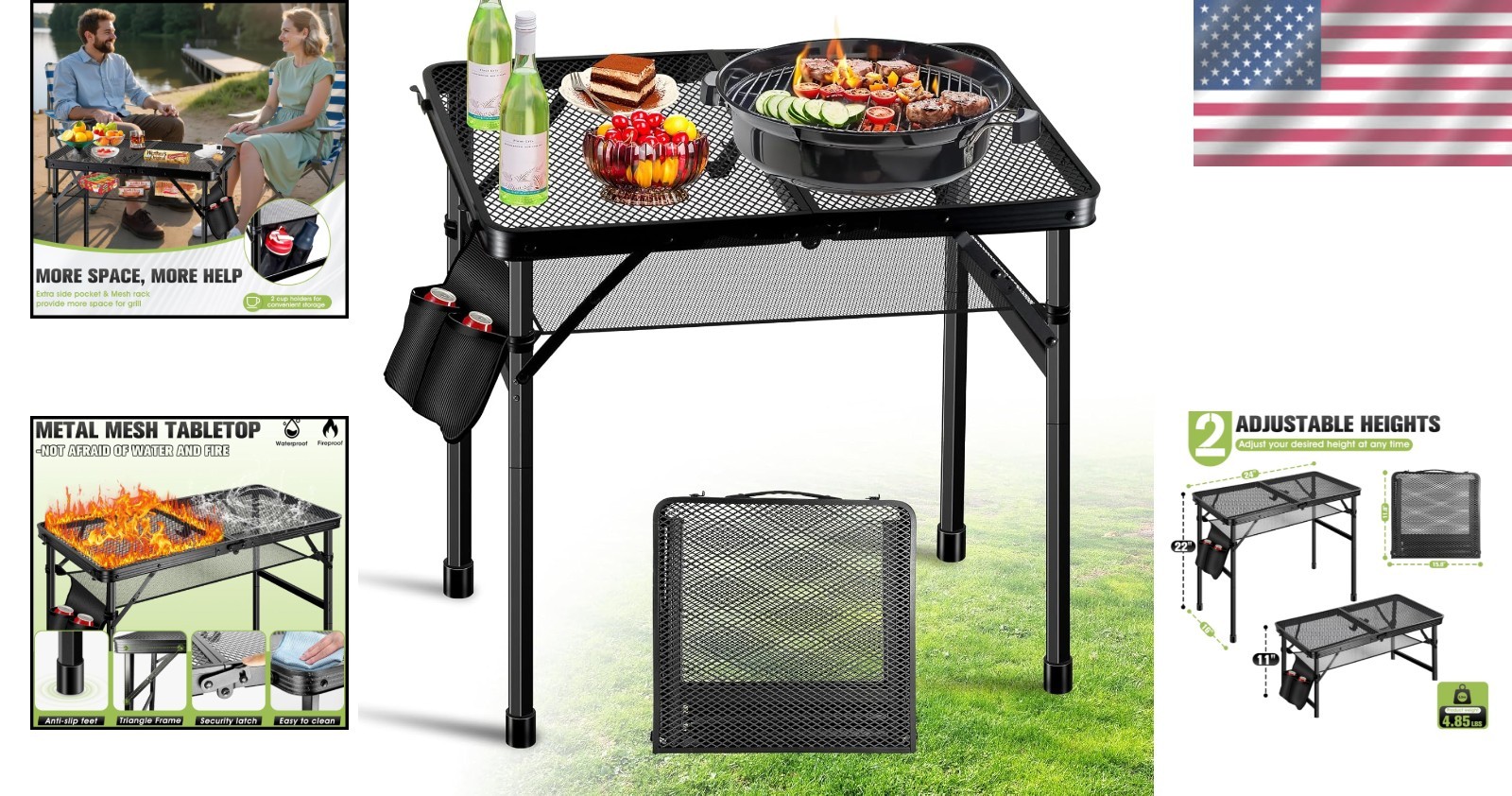 22" Camping Kitchen Table Folding Portable Cook Station  Adjustable Heights