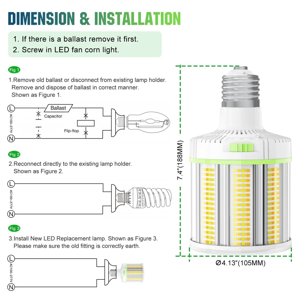 4500/5000/5700K LED Corn Light Bulb 100W 15000LM Outdoor Indoor Garage Warehouse - Image 3 of 4