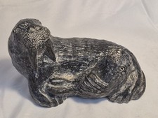 Vintage Stone Walrus With Baby Sculpture