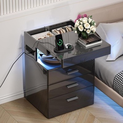 Led Nightstand with Hidden Space, Modern Night Stand with Charging Station, 3...