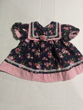Vintage Hi- Girls Navy And Floral Baby Dress With Gingham And Lace. 12 Months