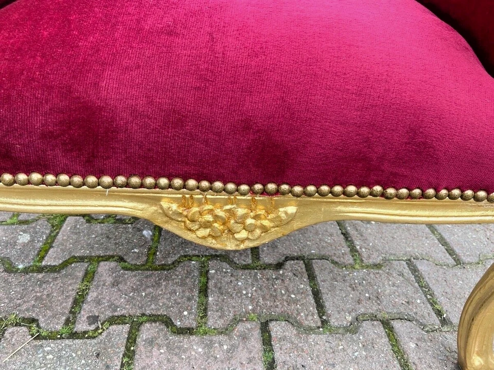 Settee Bench Red Velvet French Louis XVI Style Gilt Frame Elegant Seat - Image 3 of 4