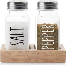 Clear Glass Salt and Pepper Shakers Set with Wood Tray for Easy Organization