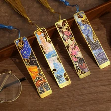 4 Pieces Metal Bookmarks with Tassel, Golden Hollow Bookmark Monet Van Gogh 