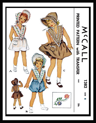 McCall #1382 Sunsuit Playsuit ROMPER BONNET Hat Bloomers Pattern BABY GIRL Child