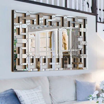 Geometric Decorative Wall Mirror Crystal Crush Diamond Wooden Back Constructed 