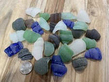 Sea Glass - 30 6-color Bottle Neck Pieces - Cobalt Aqua Green White Brown Olive
