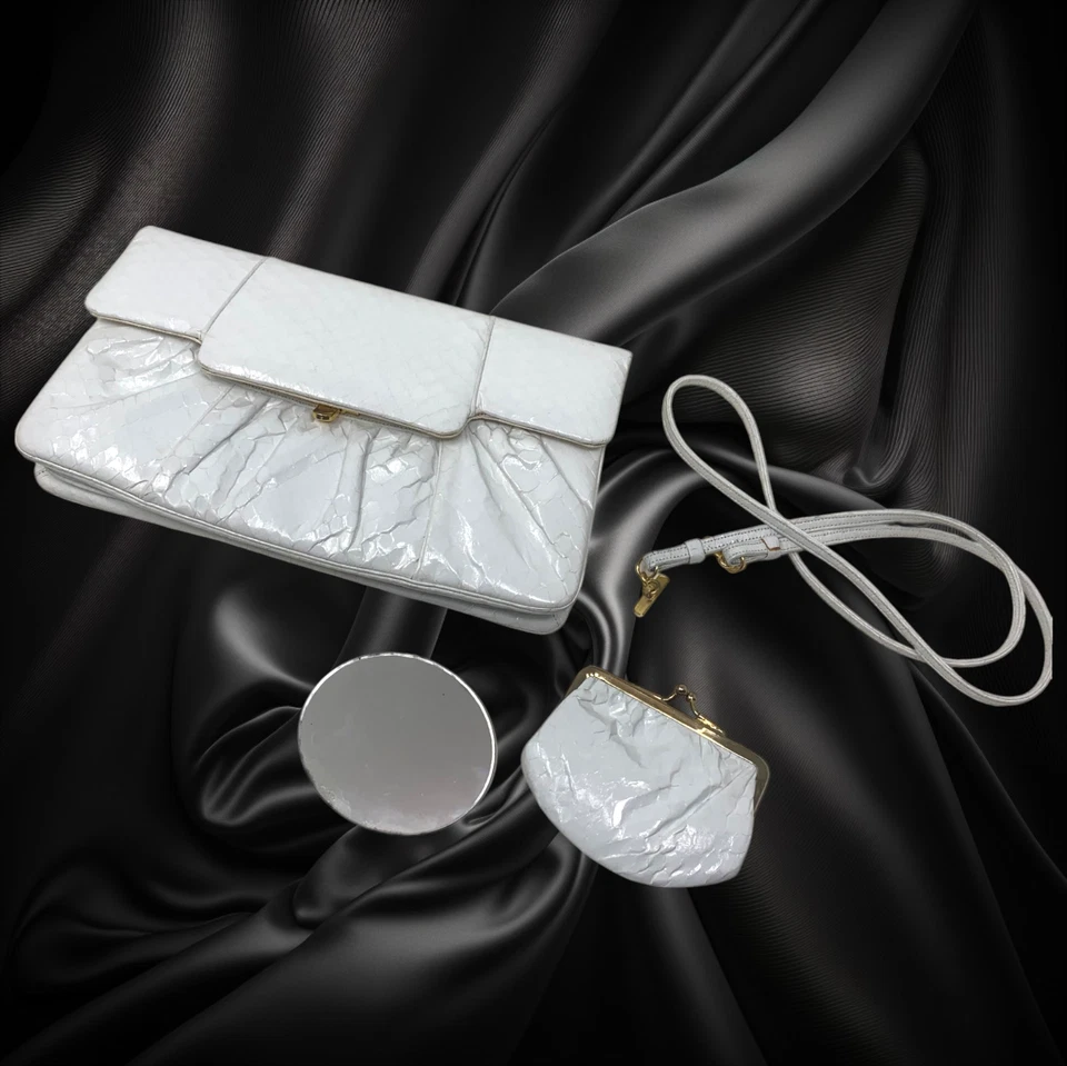 Bolso sin asas vintage Judith Leiber blanco reptil lagarto monedero monedero espejo Foto 2 de 4