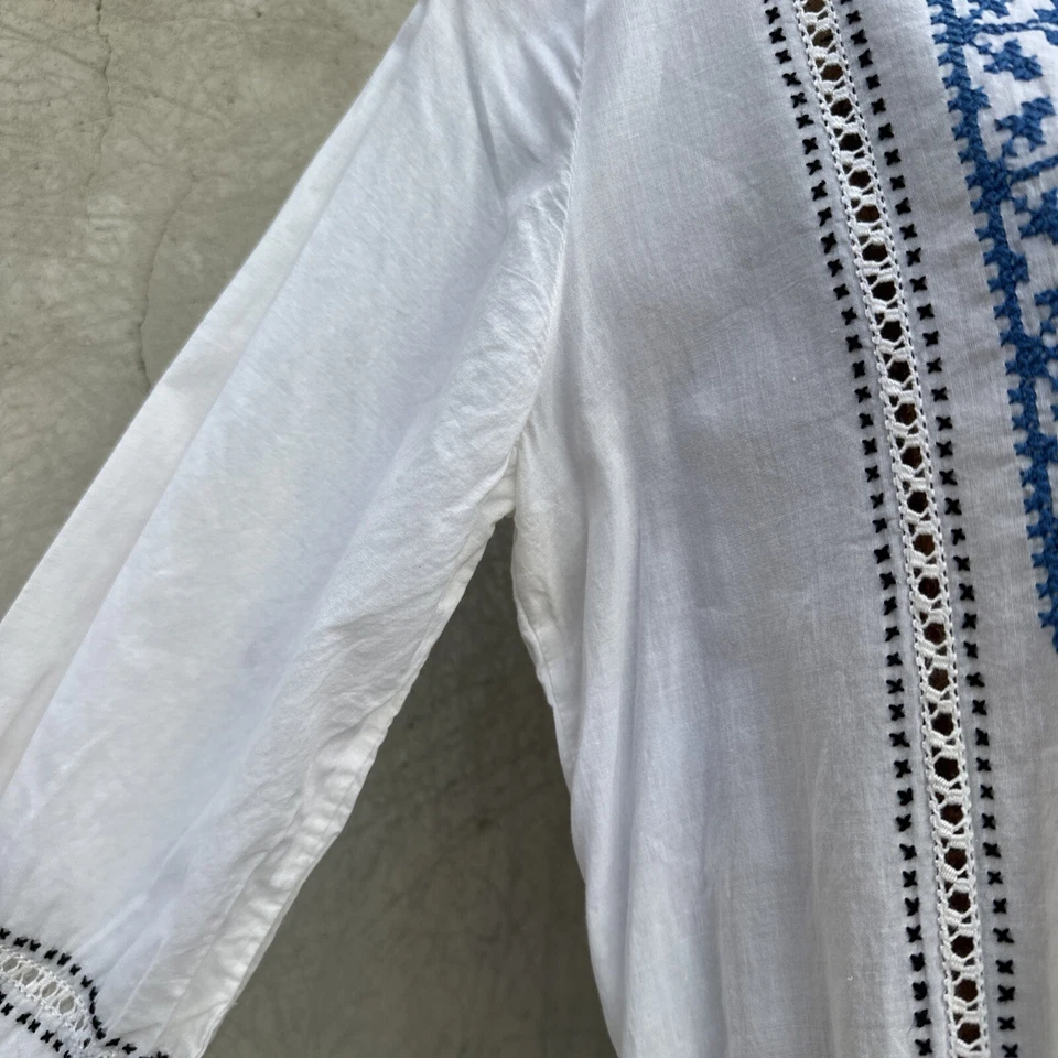 Vintage 1930s Romanian Folk Dress White Linen Blue Floral Hand Embroidered 1920s - Image 3 of 4