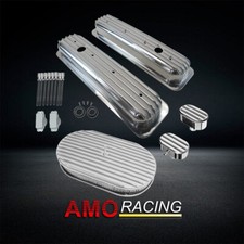 Retro Finned Short Valve Cover Fits SBC 283 450 1987-up&15" Air Cleaner&Breather