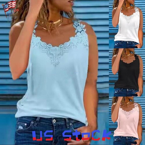 Womens Lace V-Neck Sleeveless Tank Vest Tops Ladies Summer Casual T-Shirt Tee⭐⭐