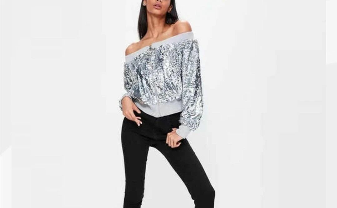 BNWT Missguided Silver Sequin Bardot Jacket Size 6