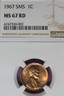 1967 SMS NGC 1C MS67 RD LINCOLN MEMORIAL CENT #B47050 Philadelphia Lincoln Memorial