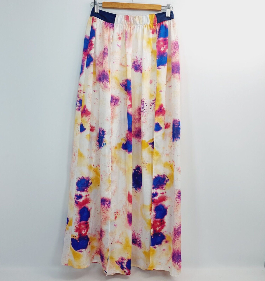 Finders Keepers Mini Skirt Sheer Pleated Long Womens Size M Abstract Blue Pink