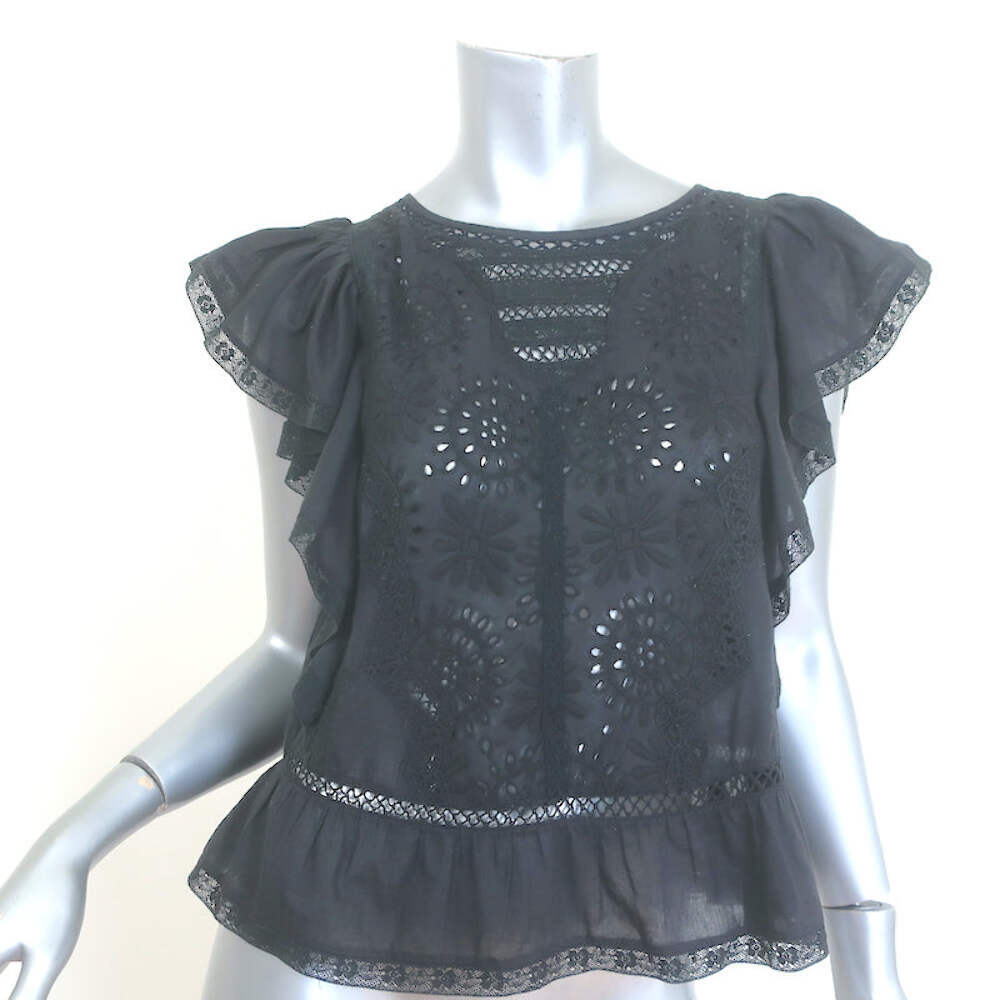 LoveShackFancy Ruffled Open-Back Top Black Embroi… - image 1