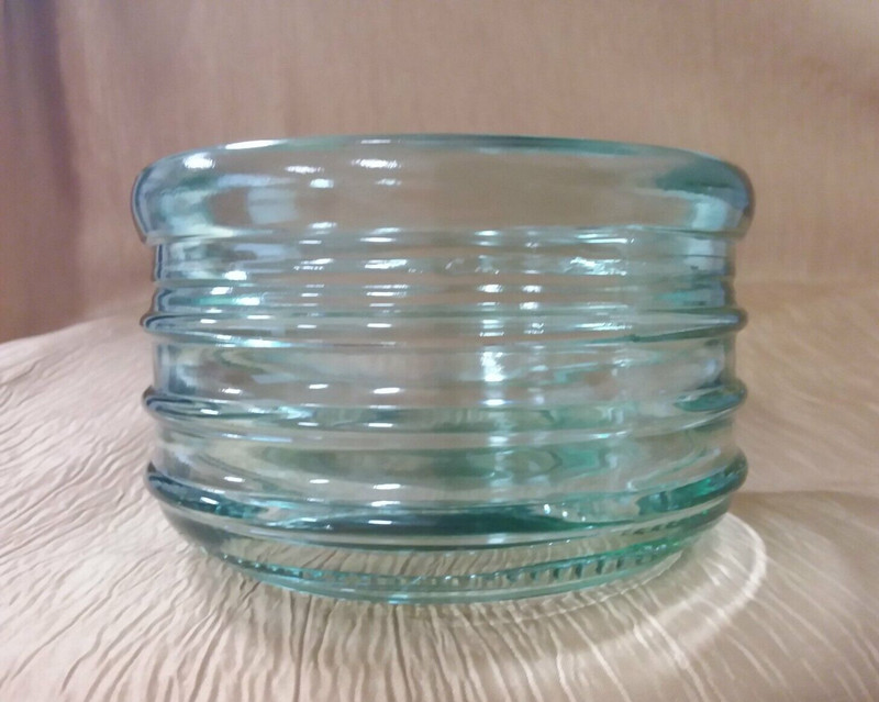 Vintage Horizontal Ribbed Green Glass Round Industrial-Look Decorative Bowl-Rare