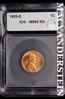 1955-D Lincoln Wheat Cent-ICG MS 66 RD Choice Gem BU No Reserve #SLL1022